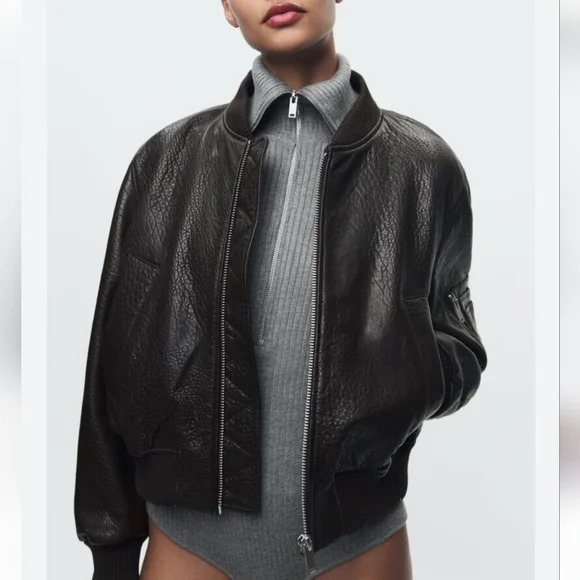 Zara Brown ZW Leather BomberBrown Jacket